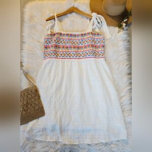 White Tie-Shoulder Sundress with Colorful Embroidered Bodice